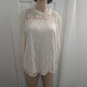 Adrianna Papell Champagne Lace Ruffle Neck Blouse Size Medium.